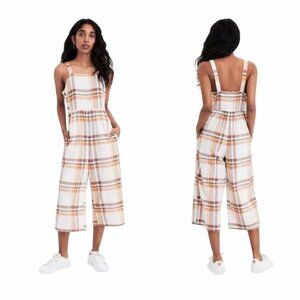 American Eagle Plaid Wide Leg Jumpsuit Linen Blend Size 12 Button Straps Pockets